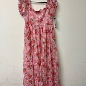 Girls' Pink Floral Tiered Puff-Sleeve Dress